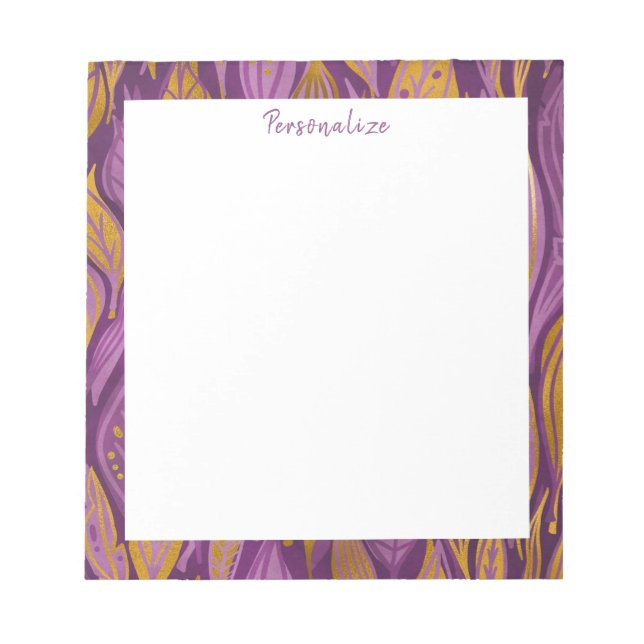 Bloco De Notas Folhagem Abstrata Roxo Dourado Elegante (Frente)