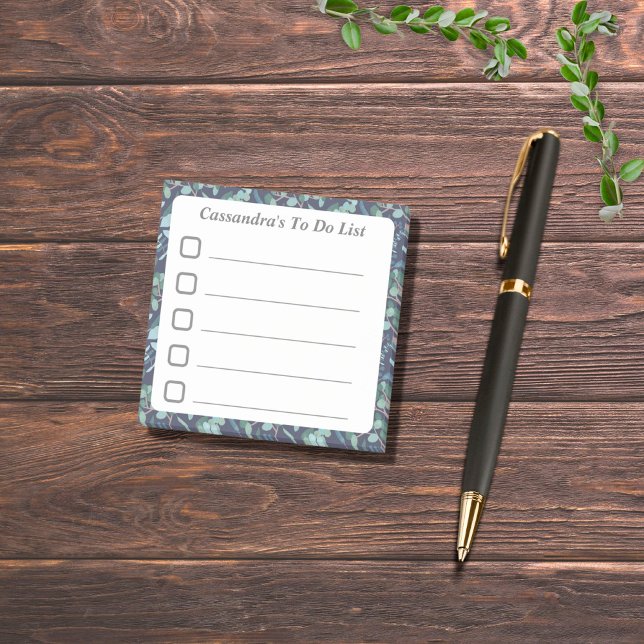 Bloco De Notas Folhagem Azul para Lista de Tarefas (Personalized to do list sticky notepad with checkboxes. Leafy eucalyptus botanical border.)