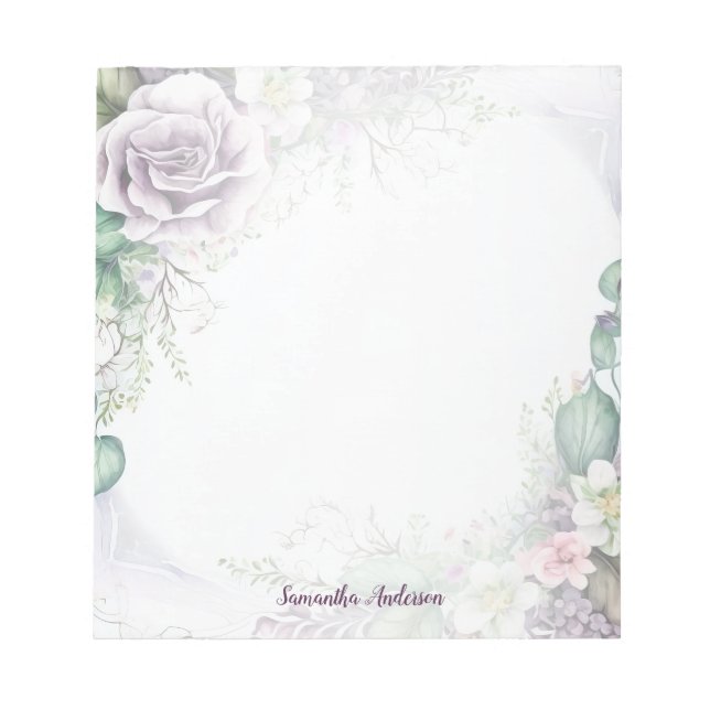 Bloco De Notas Folhagem Verde Floral Roxo Aquarela Elegante (Frente)