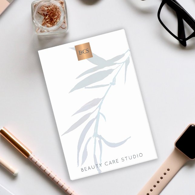 Bloco De Notas Folhas azuis monograma de cobre de ouro metálico (Criador carregado)