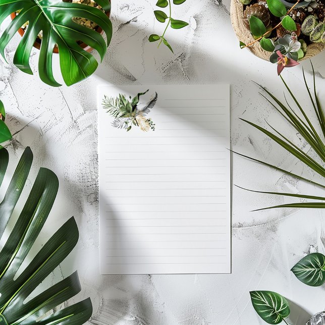 Bloco De Notas Folhas Douradas e penas brancas revestidas (Minimalist lined writing paper with watercolor botanical corner and modern greenery design.)