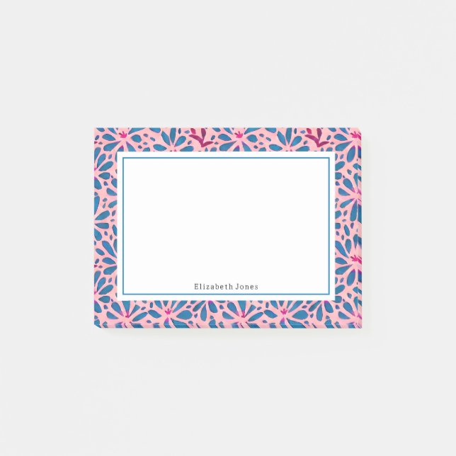 Bloco De Notas Folk Art Pink and Blue Floral Posta Notes (Frente)