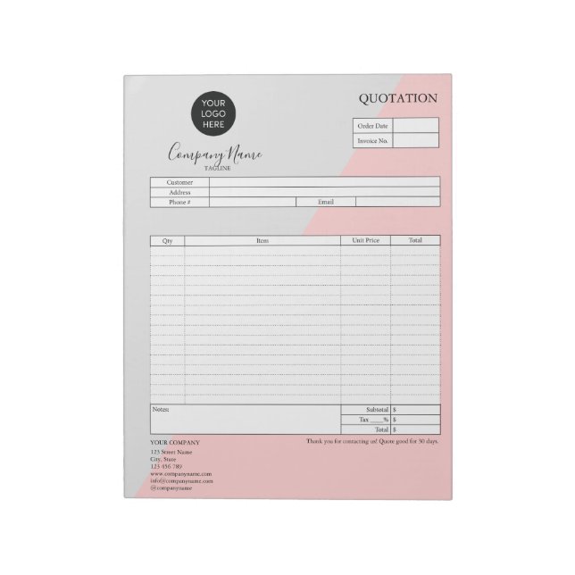Bloco De Notas Formar cotação comercial, fatura, adicione seu log (Invertido)