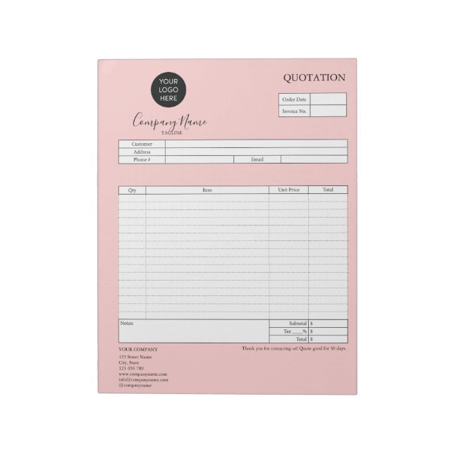 Bloco De Notas Formar Cotação Comercial, Fatura, Adicione Seu Log (Invertido)
