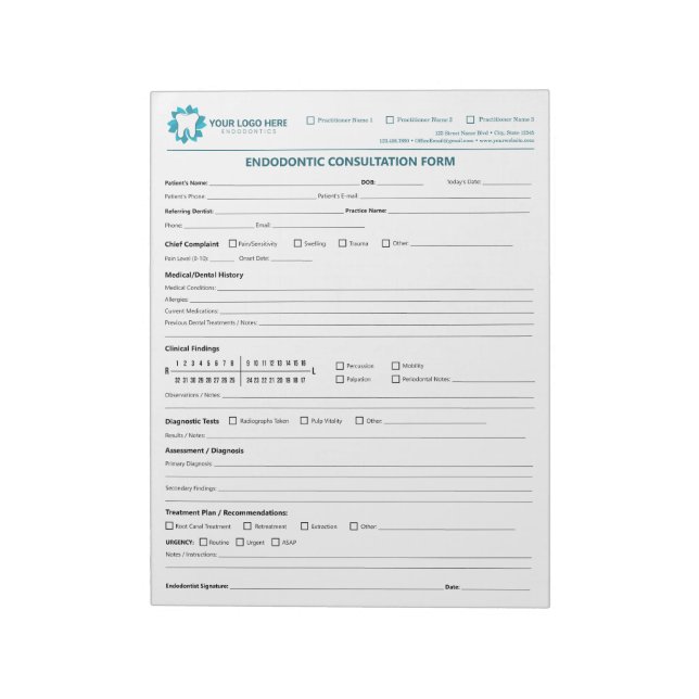 Bloco De Notas Formulário de Consulta Endodôntica Personalizado (Invertido)