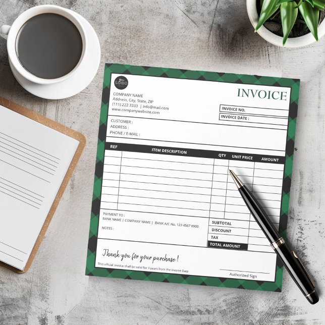 Bloco De Notas Formulário de Fatura Comercial de Borda de Xadrez  (Minimalist Green Plaid Border Business Invoice Template Notepad)