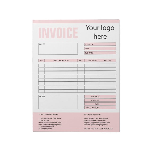 Bloco De Notas Formulário de fatura Cota comercial Adicionar logo (Invertido)