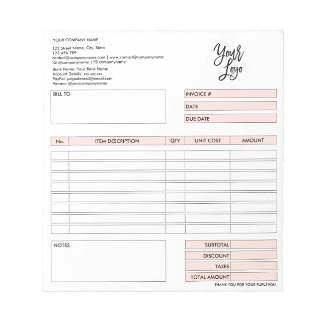 Bloco De Notas Formulário de fatura Cota comercial Adicionar logo (Frente)