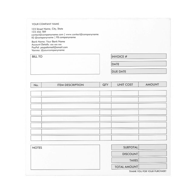 Bloco De Notas Formulário de fatura Cota comercial Adicionar logo (Frente)