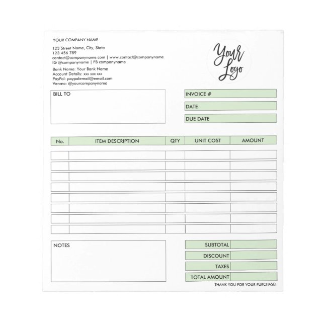 Bloco De Notas Formulário de fatura Cota comercial Adicionar logo (Frente)