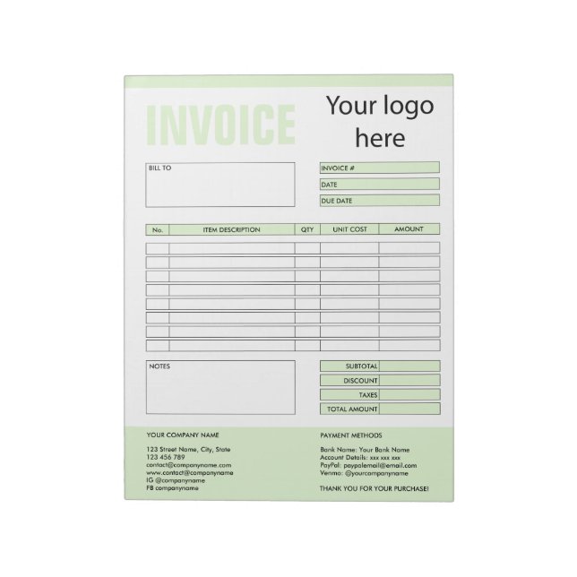Bloco De Notas Formulário de fatura Cota comercial Adicionar logo (Invertido)