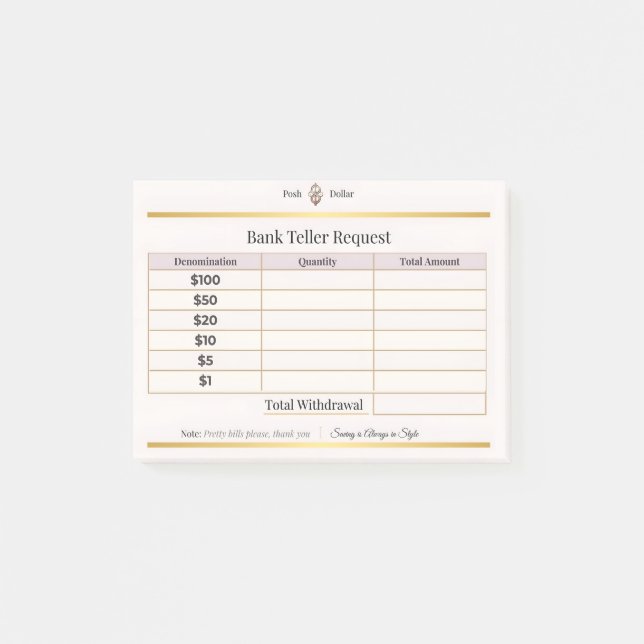 Bloco De Notas Formulário de Pedido de Caixa | Posh Dólar (Frente)