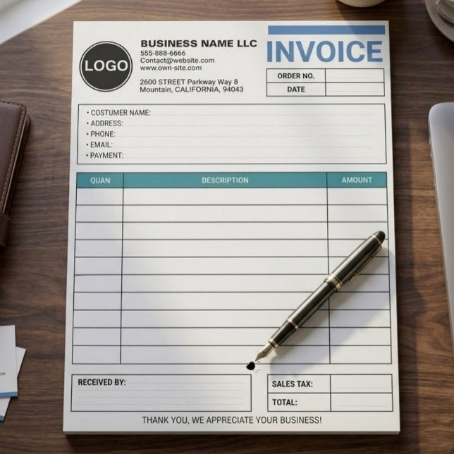 Bloco De Notas Formulário de Vendas para Grandes Empresas / Recib (custom logo cake order form, modern bakery sales receipt template, personalized small business order)