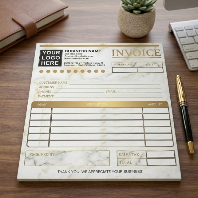 Bloco De Notas Formulários de fatura de vendas personalizados com (personalized company name sales receipt, simple marble customer invoice template)