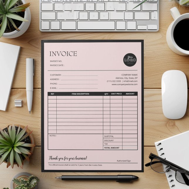 Bloco De Notas Formulários de NFF de Cotação Comercial Moderna Co (Black Pink Modern Business Quotation Invoice Forms Notepad desk top mock up)