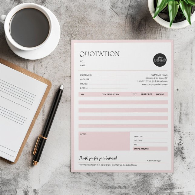 Bloco De Notas Formulários de NFF de Cotação de Pequenas Empresas (Minimalist Small Business Quotation Invoice Forms Notepad desk top  mock up)