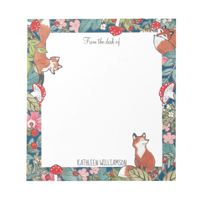 Bloco De Notas Fox Raposa Whimssé Personalizada em Floresta Teal  (Frente)