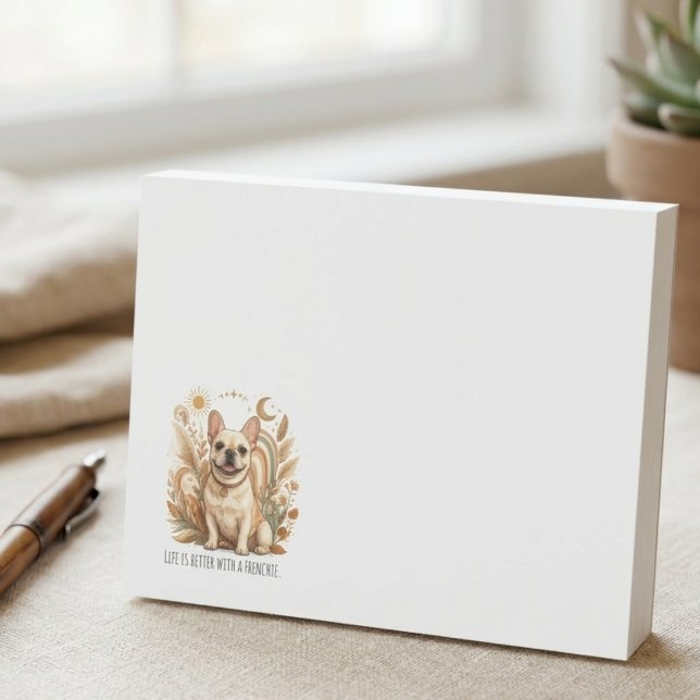 Bloco De Notas Frenchie boho neutro celestial (A cozy desk notepad for Frenchie lovers, perfect for jotting down reminders throughout the workday.)