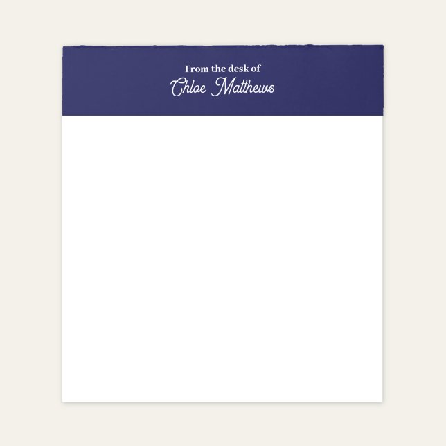 Bloco De Notas From The Desk Of White Script Navy Blue Border (Criador carregado)