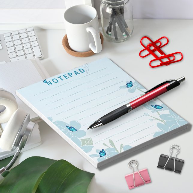 Bloco De Notas Fundo Azul da Borboleta da Flor Elegante (Criador carregado)