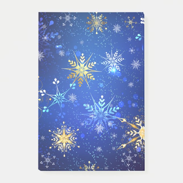 Bloco De Notas Fundo Azul XMAS com Flocos de Neve Ouro (Frente)