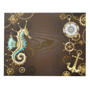 Bloco De Notas Fundo de madeira com cavalo de mar mecânico