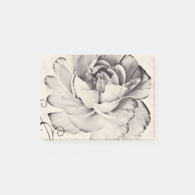 Bloco De Notas Fundo Preto de Flor Ranunculus Branco (Frente)