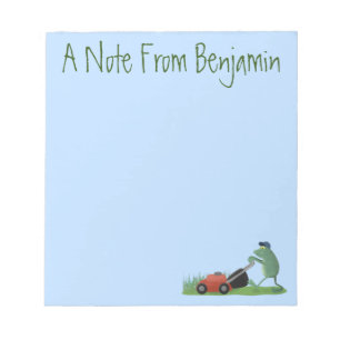 Bloco De Notas Funny green frog mowing lawn cartoon