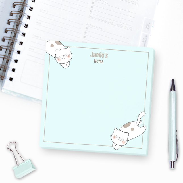 Bloco De Notas Gato branco-cinto Gato-Gatinho Nome Azul (Cute White Cat Kitten Kitty Blue Name Post-it Notes)