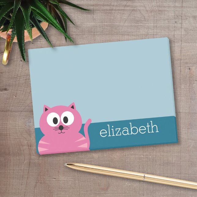 Bloco De Notas Gato de gordura rosa-branca - Fundo azul (Personalized post it notes with low quantity. Add your personal touch.)