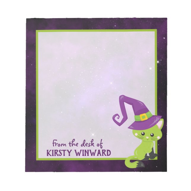 Bloco De Notas Gato de Halloween Verde Roxo Fofo (Frente)