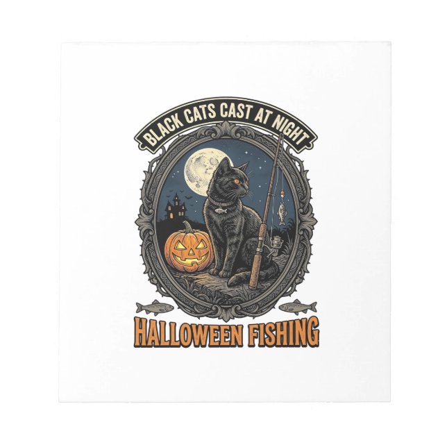 Bloco De Notas Gato de Pesca de Halloween Design de Abóbora Vinta (Frente)