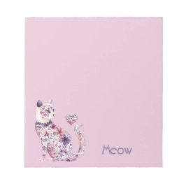 Bloco De Notas Gato Floral de Corações Rosas Roxas Bonito