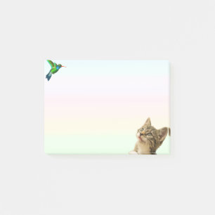 Bloco De Notas Gato Fofo e Pequeno Pássaro em Post-it de Cor Past