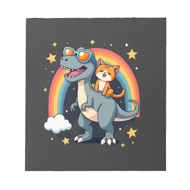 Bloco De Notas Gato Montando Dinossauro T-Rex Gatinho Arco-Íris D (Frente)