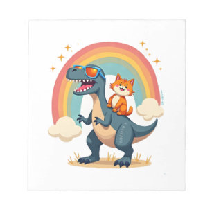Bloco De Notas Gato Montando Dinossauro T-Rex Gatinho Arco-Íris D