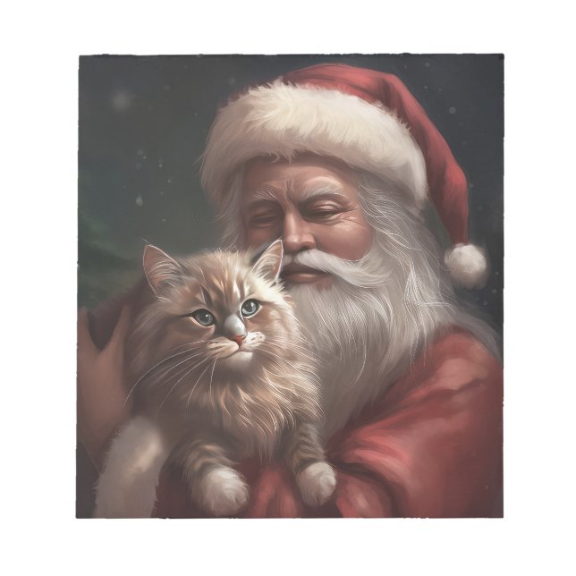 Bloco De Notas Gato Siberiano com Papai Noel Natal Festivo (Frente)