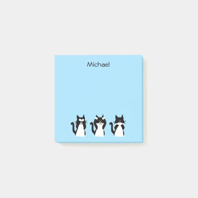 Bloco De Notas Gatos brancos pretos Três Gatinhos sábios Azul (Frente)