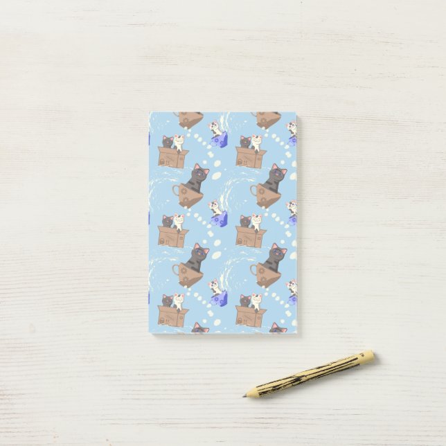 Bloco De Notas Gatos na caixa e leite cai em azul (Na mesa)