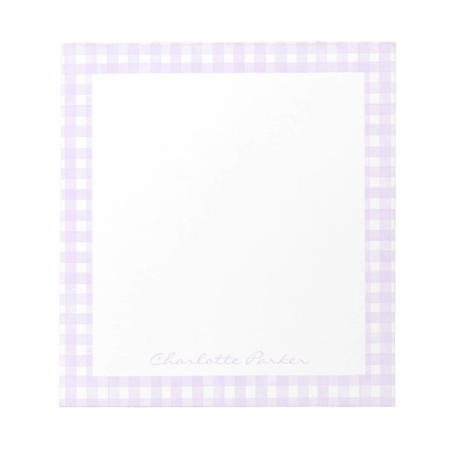 Bloco De Notas Gingham de Lavanda com Nome Personalizado (Frente)