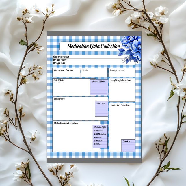 Bloco De Notas Gingham Floral Azul _ Coleta de Dados de Medicação (Criador carregado)