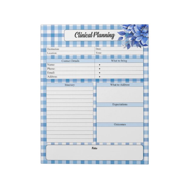 Bloco De Notas Gingham Floral Azul _ Planeamento Clínico (Invertido)
