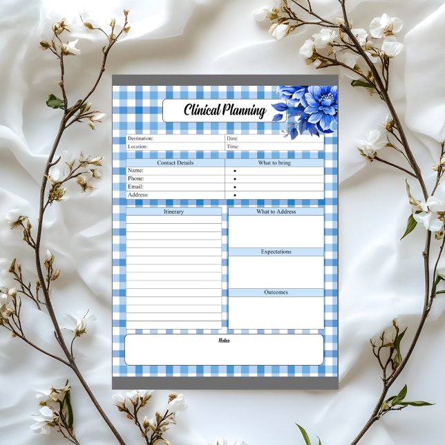 Bloco De Notas Gingham Floral Azul _ Planejamento Clínico (Criador carregado)