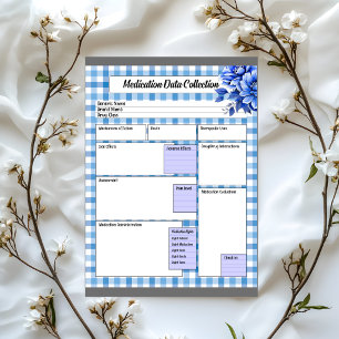 Bloco De Notas Gingham Floral Azul - Recolha de Dados de Medicaçã