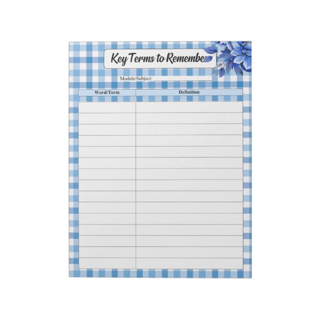 Bloco De Notas Gingham Floral Azul _ Termos-Chave para Lembrar (Invertido)