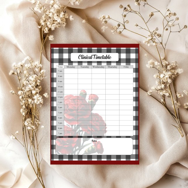 Bloco De Notas Gingham Floral Preto e Branco _ Cronograma Clínico (Criador carregado)