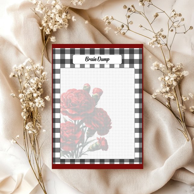 Bloco De Notas Gingham Floral Preto e Branco_ Despejo Cerebral (Criador carregado)