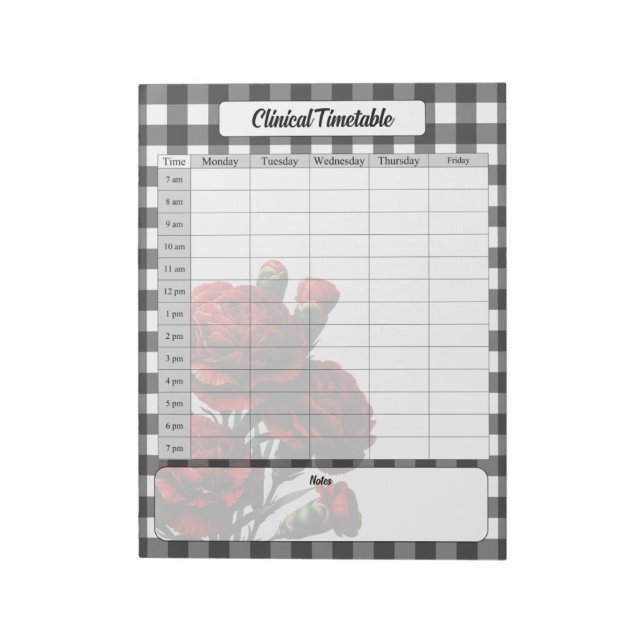 Bloco De Notas Gingham Floral Preto n Branco _ Calendário Clínico (Invertido)