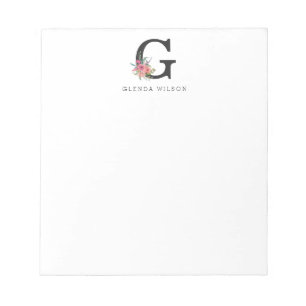 Bloco De Notas Girassol Floral Watercolor Boho Pink Rose Monogram