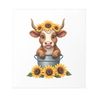 Bloco De Notas Girassol Vintage Vaca das Terras Altas em Balde Fl